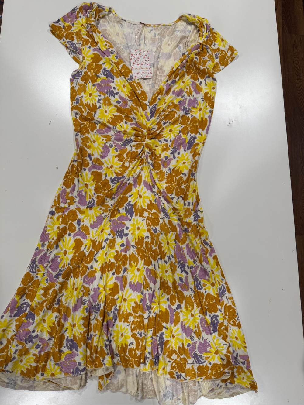 Free People Yellow Mustard Floral Twist-Front Dress